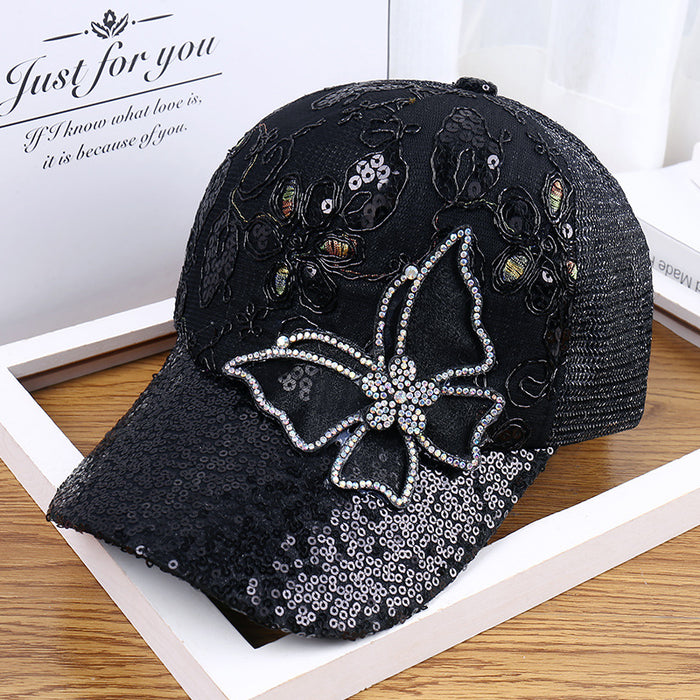 Wholesale Sparkling duckbill cap, fashionable rhinestone butterfly baseball cap