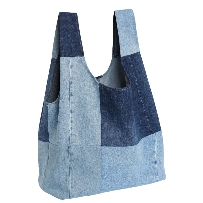 Wholesale Two-color Stitching Washed Denim Large Capacity Shopping Bag JDC-SD-KuaiKe001