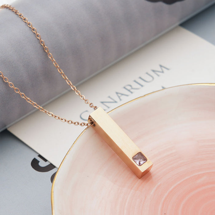 Wholesale Titanium steel pendant necklace, cubic engraved long necklace, diamond inlaid rectangular stainless steel three-dimensional rod necklace