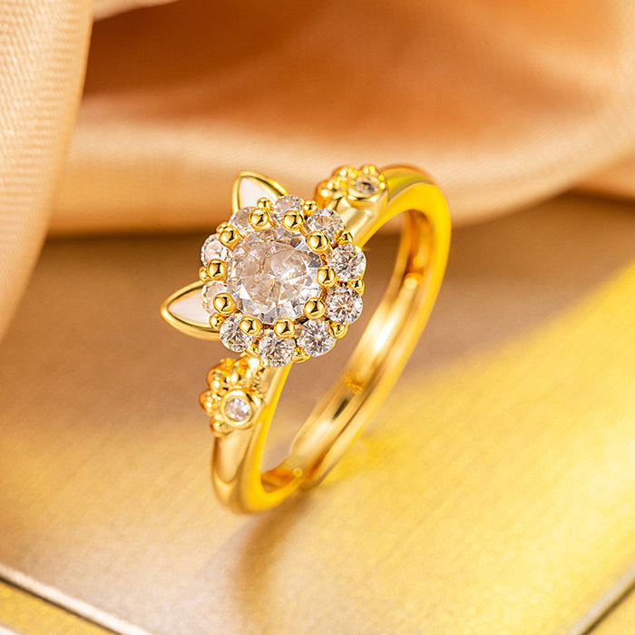 Wholesale Rotating cat ring with cute animal shape design and zircon lucky cat ring with adjustable opening