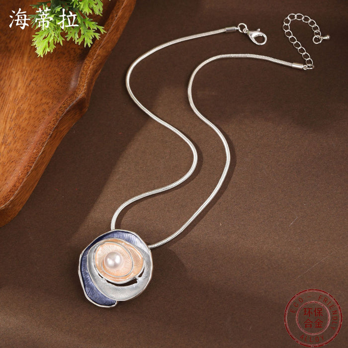Wholesale Enamel Pearl Inlaid Rose Pendant,  High-End Versatile Rose Necklace