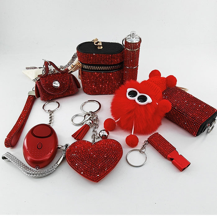 Wholesale 8 Piece Lipstick Shaped Personal Alarm With Heart Pom Pom Design Self Defense Keychain For Women Cute Fashion Accessory Gift