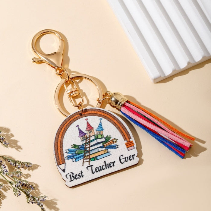 Wholesale Graduation Season Teacher Rainbow Wooden Sign Tassel Keychain JDC-KC-WoD003