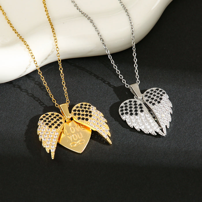 Wholesale Two-wing heart-shaped diamond-encrusted stainless steel necklace