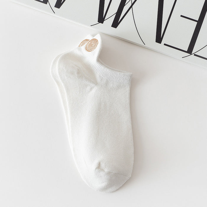 Wholesale Embroidered socks with heart-shaped heel, shallow socks, cotton socks, cute low cut, smiling face, bow socks