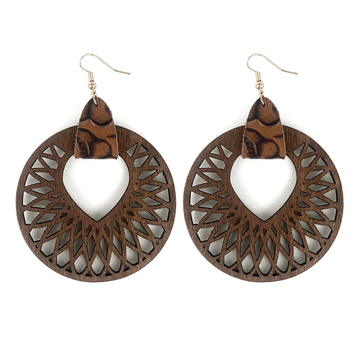 Wholesale Retro wooden earrings hollow Mandala exaggerated texture earrings