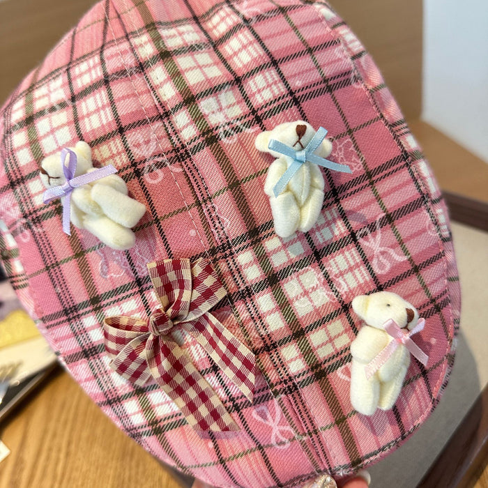 Wholesale Grid forward hat niche design cartoon bow plaid beret
