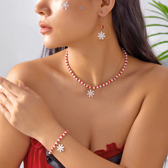 Wholesale Christmas Snowflake Elk Pendant Women' s Retro Color block Rice Bead Christmas Party Necklace Bracelet Set