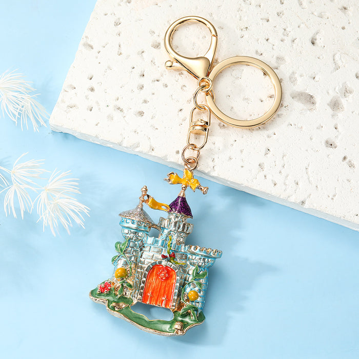 Wholesale Dreamy Fairy Tale Castle Keychain Zinc Alloy Blue Rhinestone Bag Charm