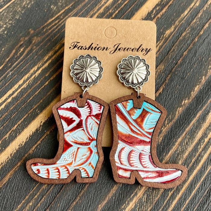 Wholesale Western Denim boots earrings classic leopard leather inlaid wood texture earrings