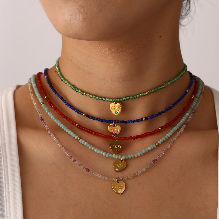 Wholesale New personalized multi-faceted natural stone necklace with stainless steel heart and diamond necklace color preservation