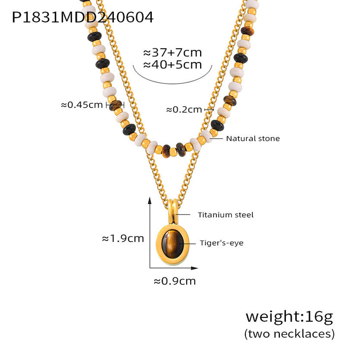 Wholesale Natural Stone Beaded Design Necklace Tiger Eye Pendant Double Layer  Chain