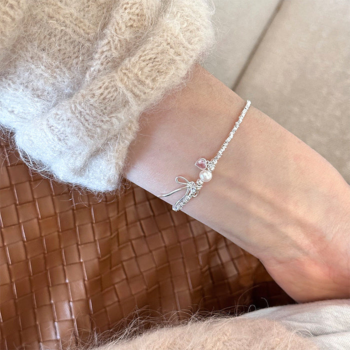 Wholesale Pure silver bow pearl bracelet with minimalist design