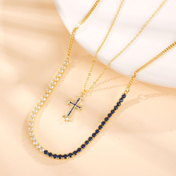 Wholesale Double color fashion versatile double cross pendant necklace exquisite diamond cross pendant chain