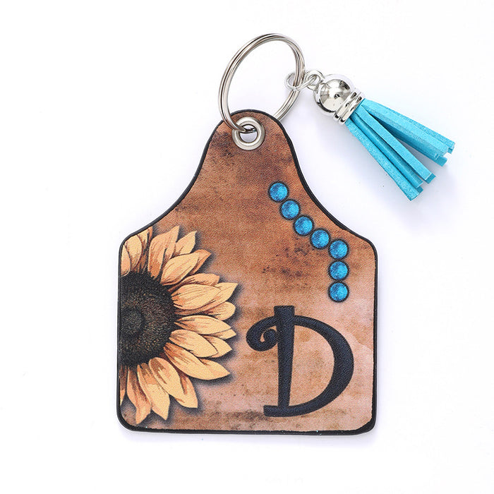 Wholesale Leather Sunflower Letter Tassel Keychain Pendant