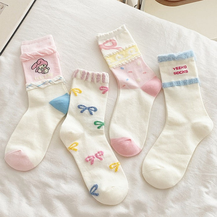 Wholesale Butterfly knot splicing plush socks with cartoon middle tube, cute for students