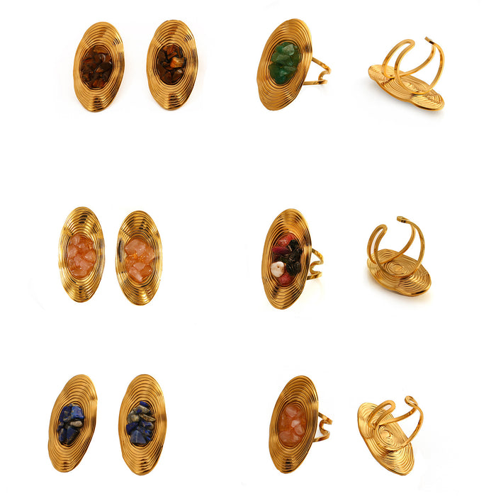 Wholesale Vintage exquisite high-end stainless steel oval earrings set with natural stone earrings and ring set