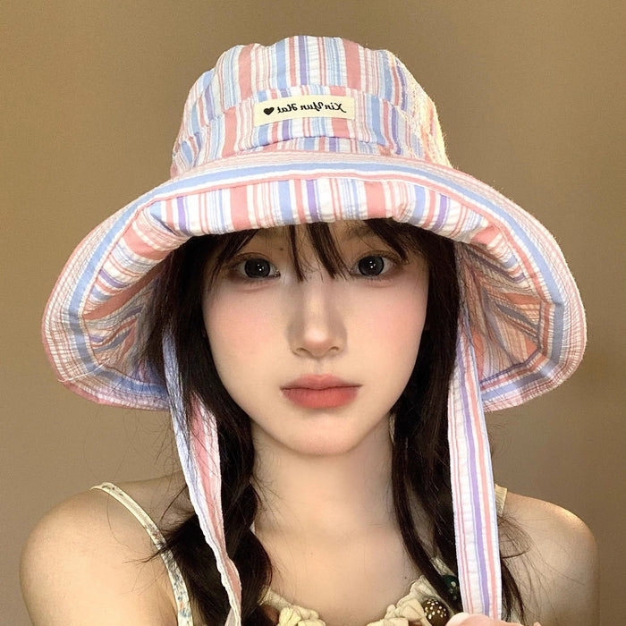 Wholesale Versatile striped strap fisherman hat new cute sun hat thin casual large brim sun hat