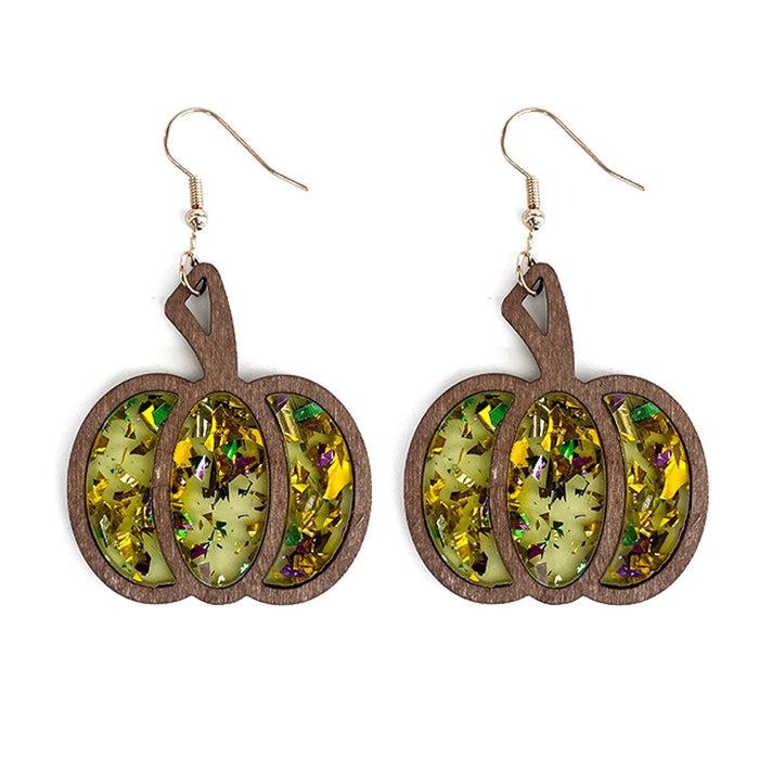 Wholesale  pumpkin wood texture inlaid acrylic glitter sequins Autumn earrings