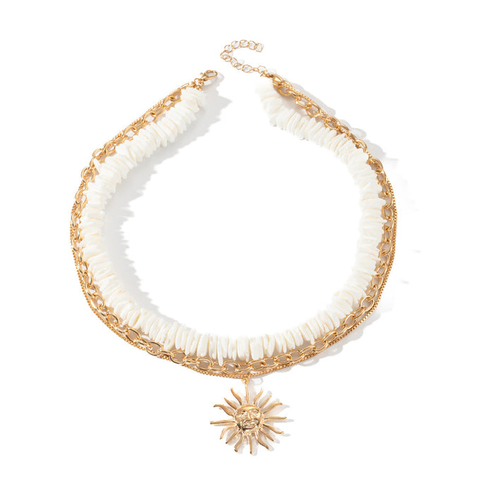 Wholesale Fashionable natural shell necklace, light luxury, high-end feeling, sun pendant, multiple layers, wearing collarbone chain