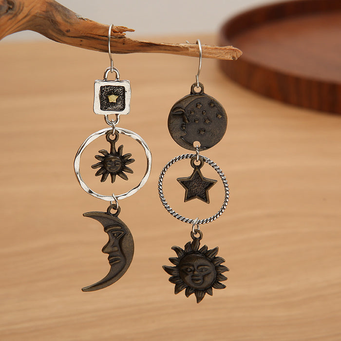 Wholesale Independent Station Retro Pentagram Sun Moon Long Pendant Earrings