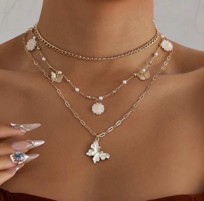 Wholesale Drip oil butterfly daisy retro layered layered collarbone chain
