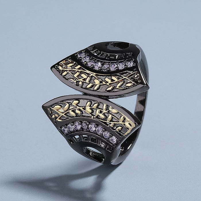 Wholesale Retro black gold two-color ring, fashionable fan-shaped diamond ring, niche personality