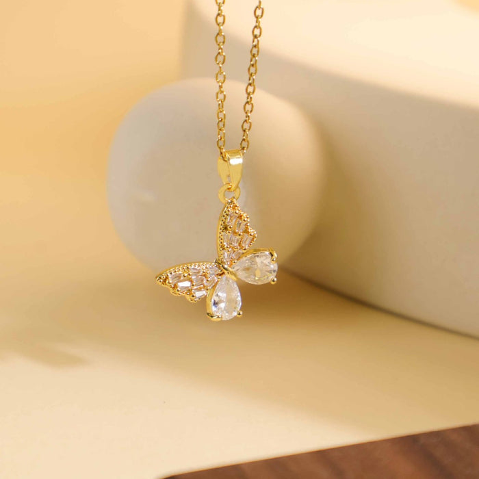 Wholesale Stylish Butterfly Layering Necklace Diamond-Set Titanium Steel Jewelry Accessory