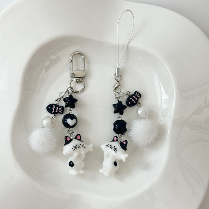 Wholesale Cartoon Loved Cat Keychain Love Hair Ball Beaded Mobile Phone Chain Backpack Hanging