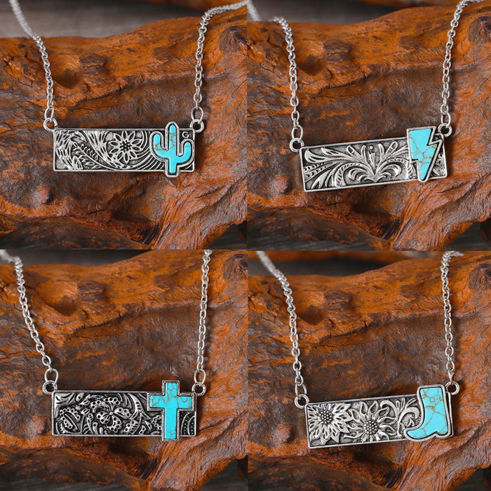 Wholesale 2pcs retro square turquoise bohemian style necklace