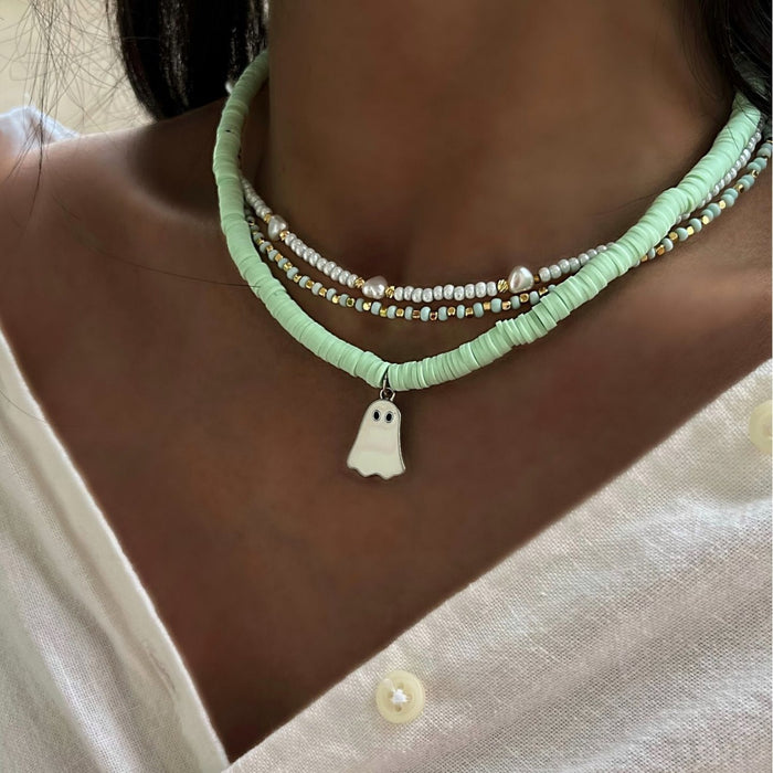 Wholesale Jewelry Soft Pottery Beaded Necklace Ghost Pendant Clavicle Chain for Women