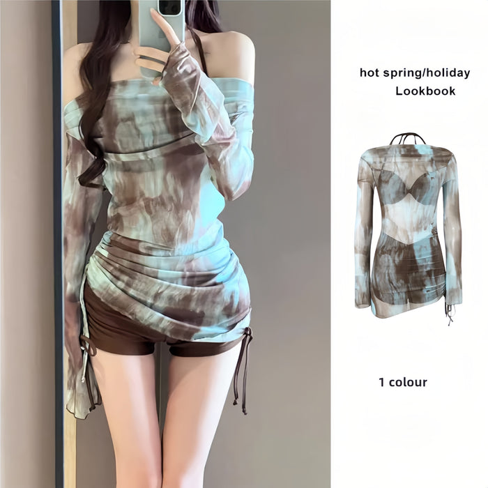 Wholesale Swimsuit split three piece long sleeved fashionable tie dye top sexy bikini slimming slim fit swimsuit