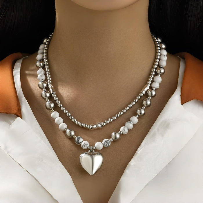 Wholesale Bead necklace set, heart pendant, imitation turquoise bead collarbone chain