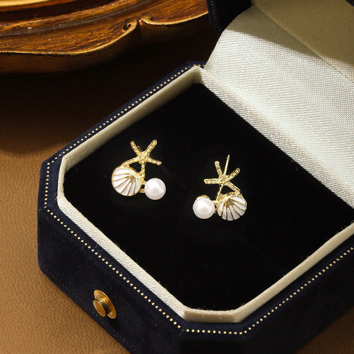 Wholesale Small and luxurious element, oil dripping scallop, starfish, imitation pearl, diamond studded earrings