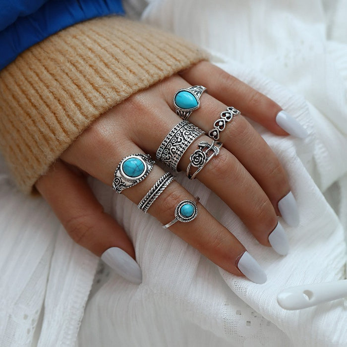 Wholesale Ethnic Style Retro Turquoise Carved Feather Ring Fashionable and Personalized 8-Piece Combination Ring Set