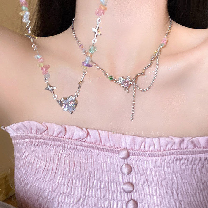 Wholesale Colorful crushed stone heart necklace, light luxury niche collarbone chain accessory