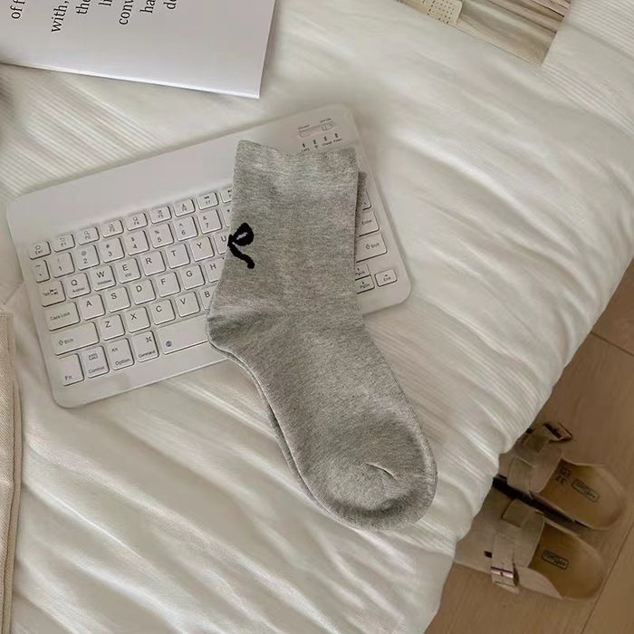 Wholesale Grey bow middle tube socks, pure cotton heel long tube pile socks