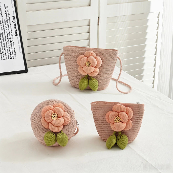 Wholesale Handwoven Paper Beach Bag Pink Camellia-Milky White Cute Style