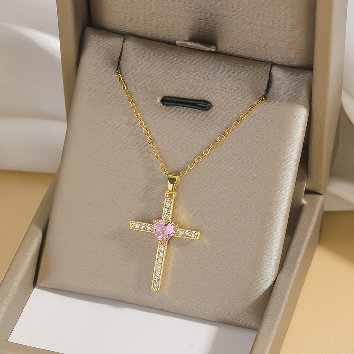 Wholesale Fashion colored zircon cross necklace, niche design accessory, collarbone chain