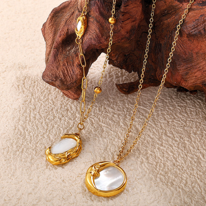 Wholesale Moon White Shell Pendant Necklace Stainless Steel