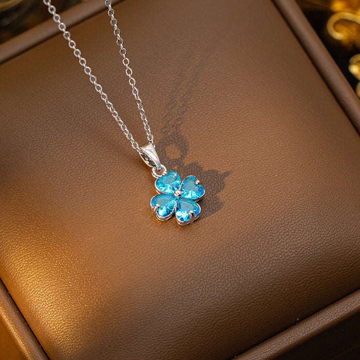 Wholesale Copper-set zircon four-leaf clover colored Titanium steel pendant necklace and earring set