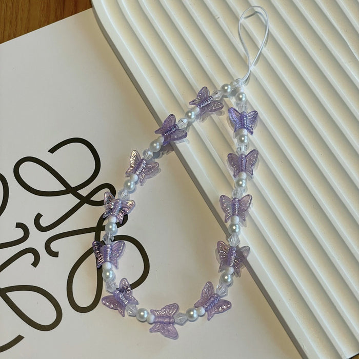 Wholesale Acrylic Imitation Pearl Beaded Mobile Phone Butterfly Mobile Phone Key Hanging Chain