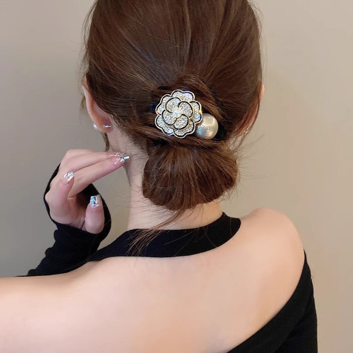 Wholesale Hairband exquisite camellia rhinestone hairband versatile retro high elastic ponytail ball hair band