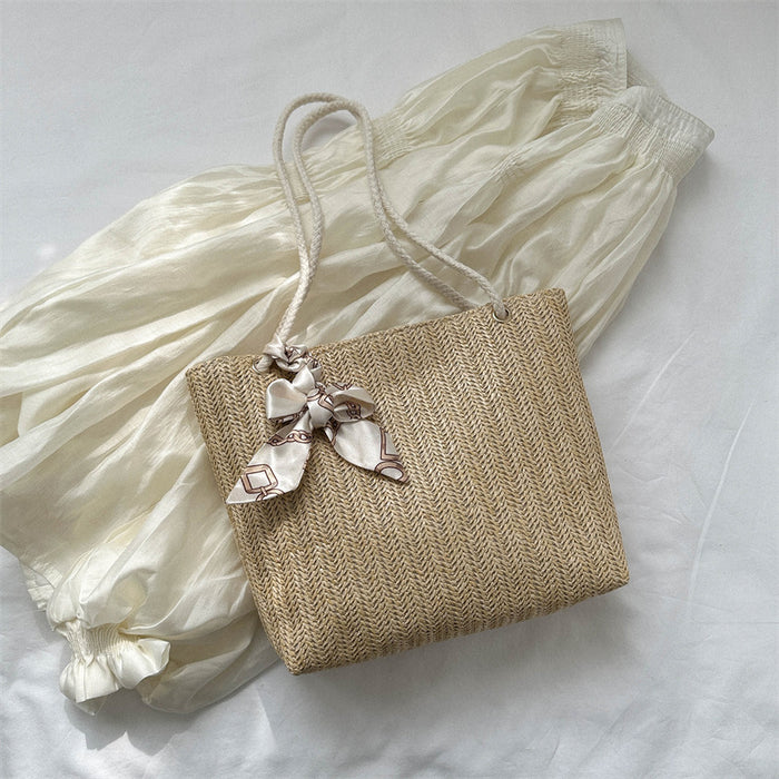 Wholesale New straw woven bag with large capacity, fashionable and simple silk scarf tote bag, shoulder bag