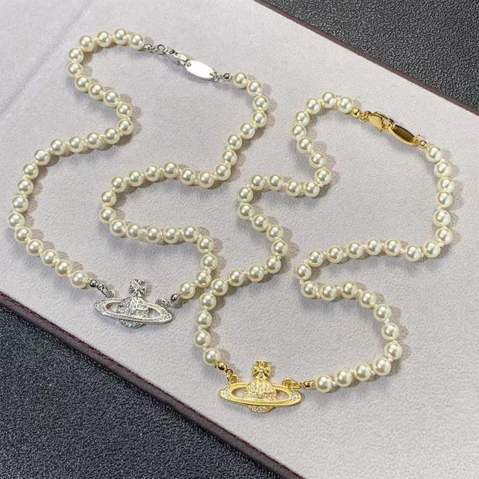 Wholesale  Gold Saturn Necklace Female Planet Pearl Classic  Clavicle Chain