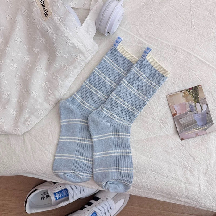 Wholesale Mid length socks, pure cotton pile socks, contrasting stripes, sweat absorbing socks