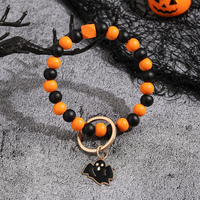 Wholesale Halloween Day Bracelet Halloween Pumpkin Wooden Beaded Keychain JDC-KC-RongRui030