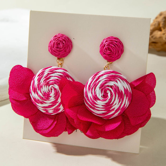Wholesale Vacation Style Handmade Raffia Flower Earrings Red Jewelry Accessory MOQ≥5