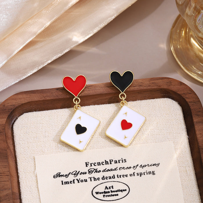 Wholesale Silver Needle Dripping Oil Red Heart Spade Poker Earrings with Light Luxury Design Asymmetric Personality Fashion Versatile Earrings