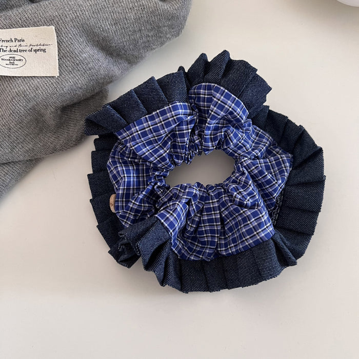 Wholesale A niche retro blue checkered bow square scarf with a low ponytail style, headband, headband, and hair accessories